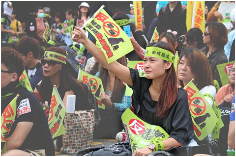 動保法遊行時，台下民眾在聆聽愛媽處境後情緒激動落淚。　何宜/攝