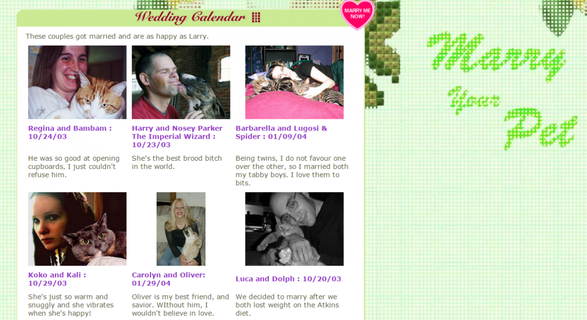嫁給你的寵物網站上，有許多人和自己的寵物結婚，包含貓、狗、還有鳥等等。　翻攝自marryyourpet.com