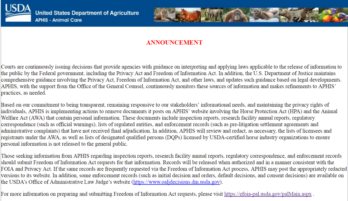 美國農業局無預警撤下原本的公開資訊，並表示民眾需要提出申請才可檢閱。　翻攝自USDA