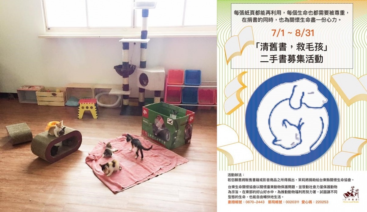 圖左為臺東縣關懷生命協會的貓房。圖右為茉莉二手書店為此次公益活動製作的海報。　藍盈琪提供；取自茉莉二手書店台北店