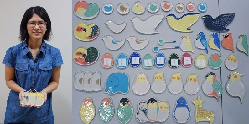 何依璇手中拿的鳥鳥盤就是以奶茶、奶綠和奶酥、奶糖為主角。何依璇會固定把課程、商品的部分收入捐給生態保育機構。 黃靖雅/攝;取自Hey 鳥朋友-EcoEco生態工作室