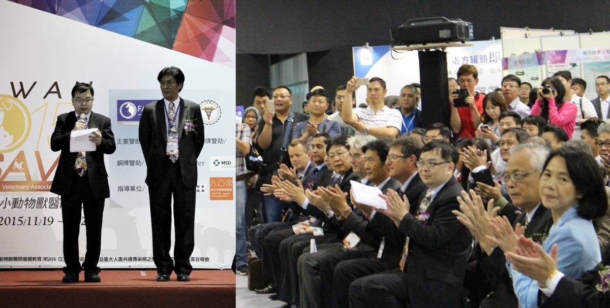 各國頂尖獸醫師為FASAVA齊聚台北，左圖為促成本屆FASAVA在台北舉辦的台北市獸醫師公會現任理事長譚大倫(左)，和前任理事長楊靜宇(右)。　黃靖雅/攝