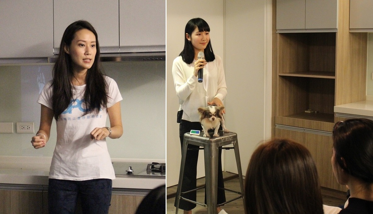 圖左為台灣SPCA執行長Connie，圖右為小安和滷蛋。義賣活動收入，扣除場地費後將全數捐給SPCA。　黃靖雅/攝