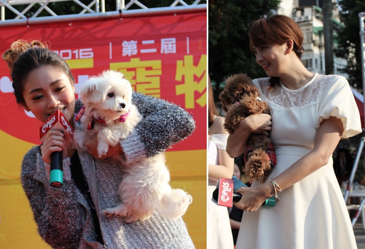 張文綺(左)和阿喜，都特地抱起台下粉絲的狗互動。　黃靖雅/攝