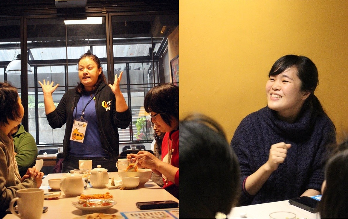 參加講座的學員在約1.5小時的講座中，應該有將近一半的時間，都被凱蒂(左圖站立者)逗得哈哈大笑。　黃靖雅/攝