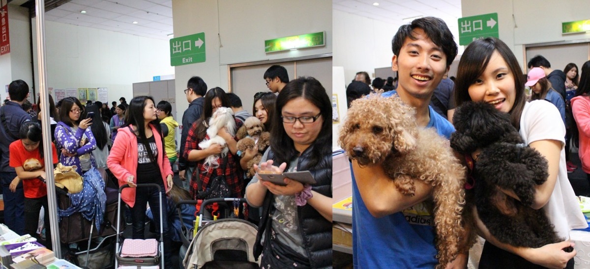圖左為台北市動保處攤位前排隊的人潮。圖右為廖曼君與男友當場領養紅貴賓。 黃靖雅/攝