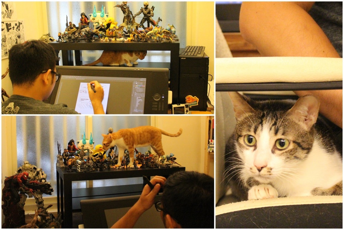 愛貓們以各種方式陪伴辛卡米克工作。　黃靖雅/攝