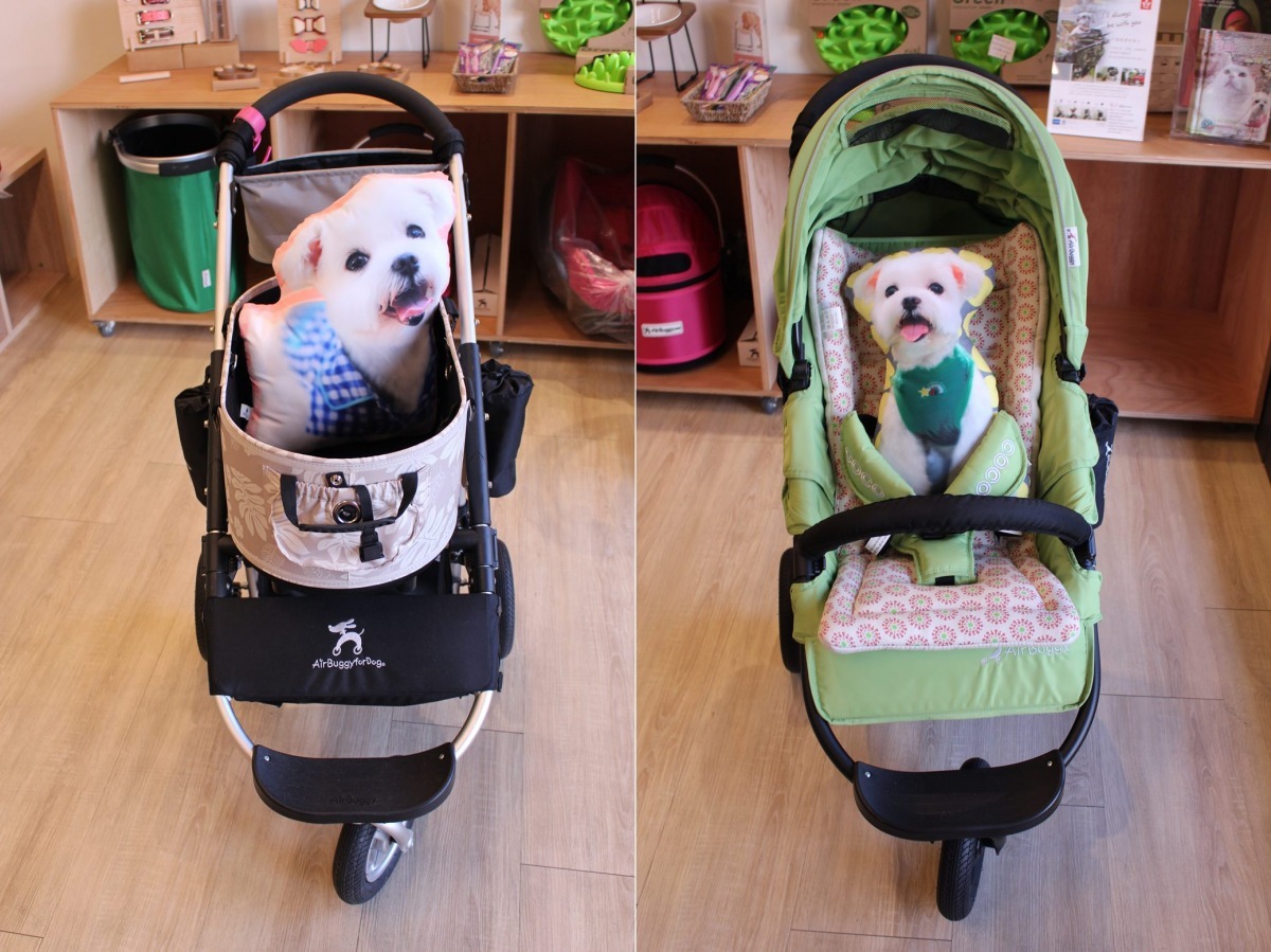 BiBi使用過的推車（左）還放在BiBiQ裡，上面擺放了BiBi布偶，右邊的嬰兒車也是由BiBi之前的推車車架改裝而成。　黃靖雅/攝