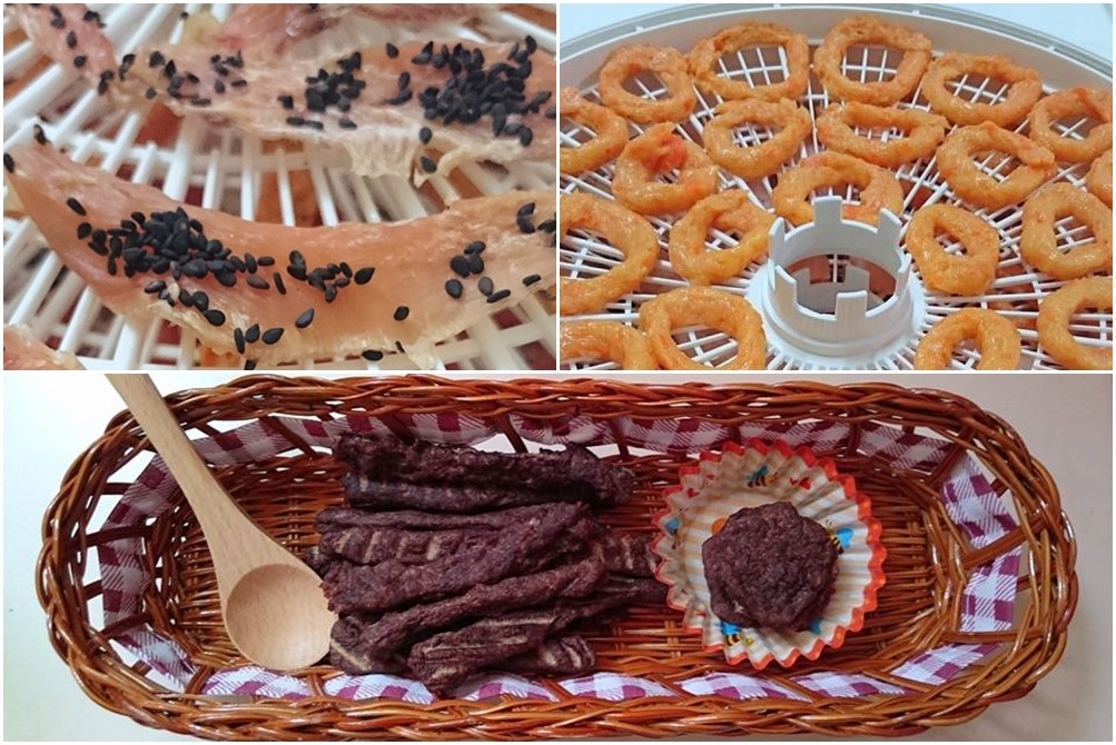 圖為芝麻雞肉乾(左上)、紅蘿蔔雞肉甜甜圈(右上),和牛肉系列零食(下)。 吳小姐/提供