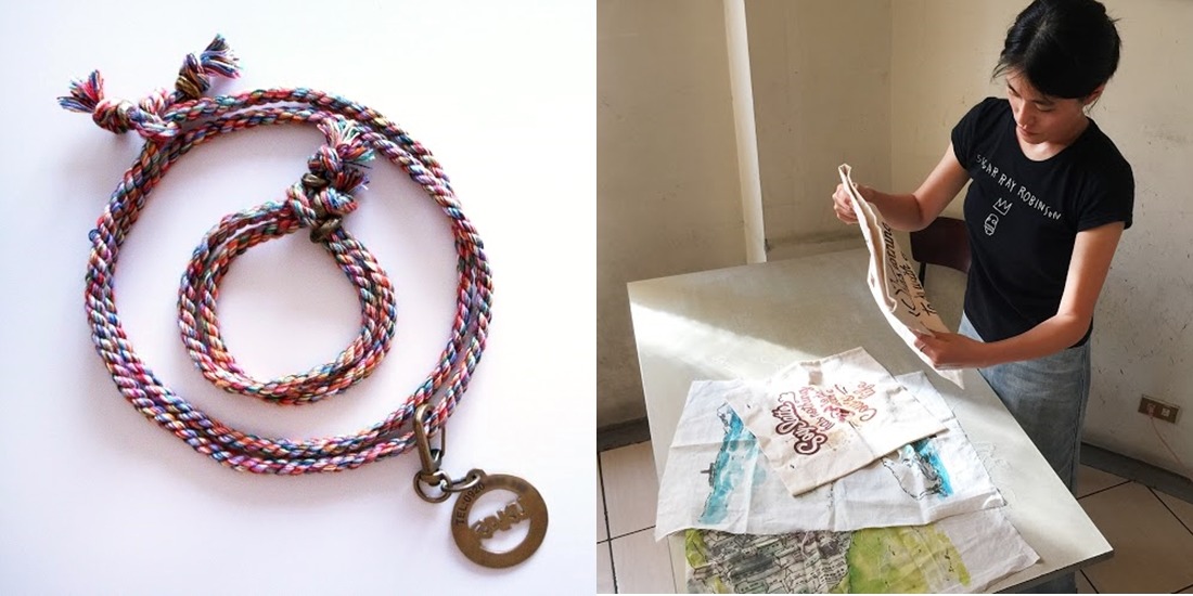 米克斯幸運繩(圖左)一組兩套，小的為飼主的手鍊，大的套在毛孩的脖子上。黑熊白熊旗幟和其他新商品正在打樣中，即將推出！　林云斐/提供