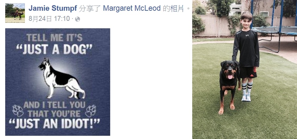 Max的主人事發後在個人Facebook表示,「如果你認為牠不過是隻狗,那你也不過是個白癡罷了」,似乎藉此反擊那些認為她小題大作的人們。 取自Jamie Stumpf Facebook