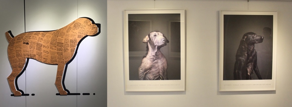 圖左為100位粉絲留言拼成的狗，圖右為杜韻飛的攝影作品。　黃靖雅/攝