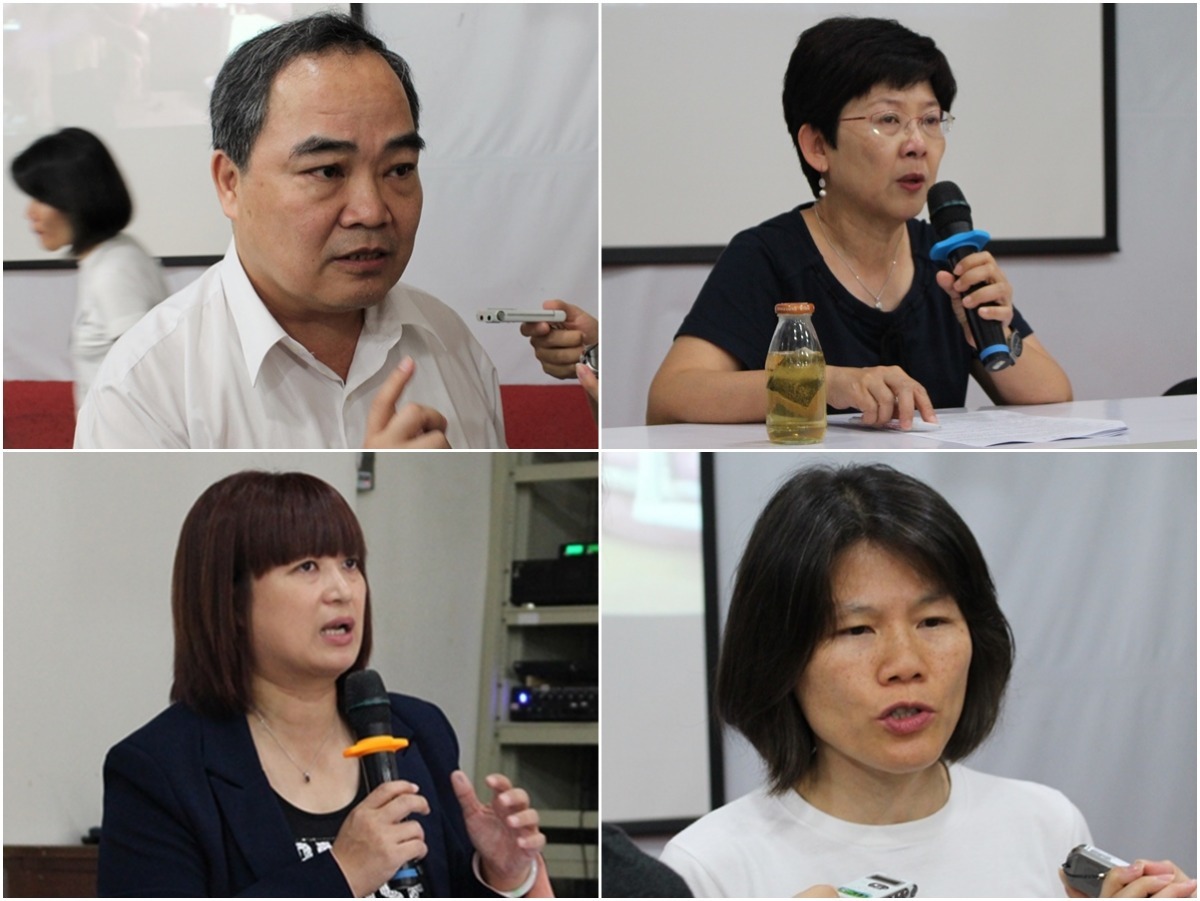 左上為農委會畜牧處副處長王忠恕，左下為立法委員蔡培慧，右上為台灣主婦聯盟生活消費合作社理事黃淑德，右下為台灣動物社會研究會台灣動物社會研究會主任陳玉敏。　黃靖雅/攝