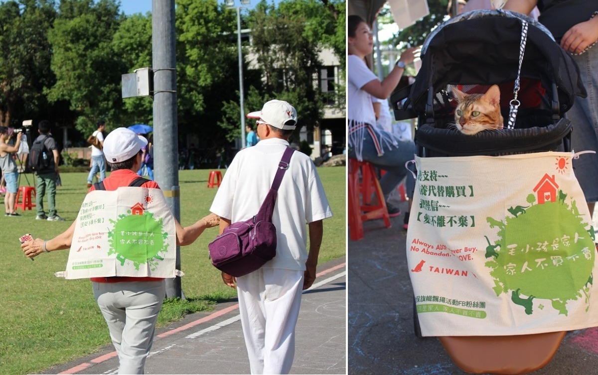 劉偉蘋所製作的「毛小孩是家人不買不賣」旗幟，受到廣大的認同。　黃靖雅/攝