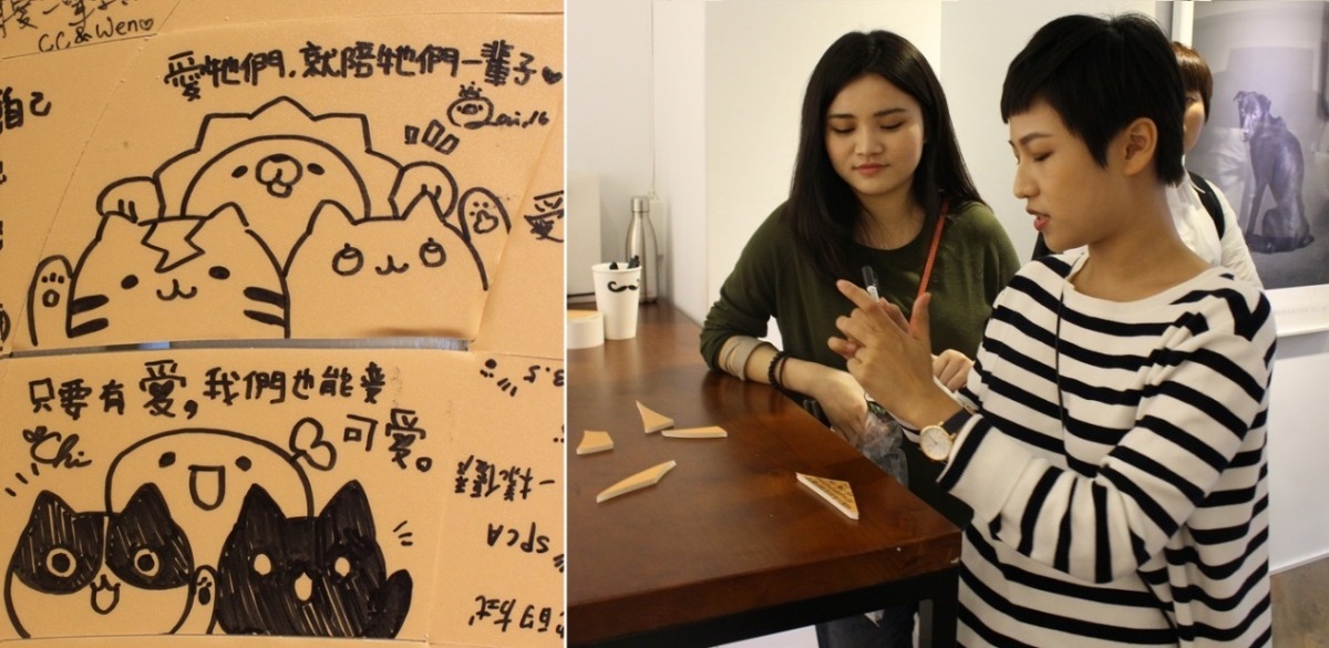 大家都很熱情留言，幫忙拚滿狗狗(右)。圖左為插畫家賴賴、織織所繪的拼圖。　黃靖雅/攝