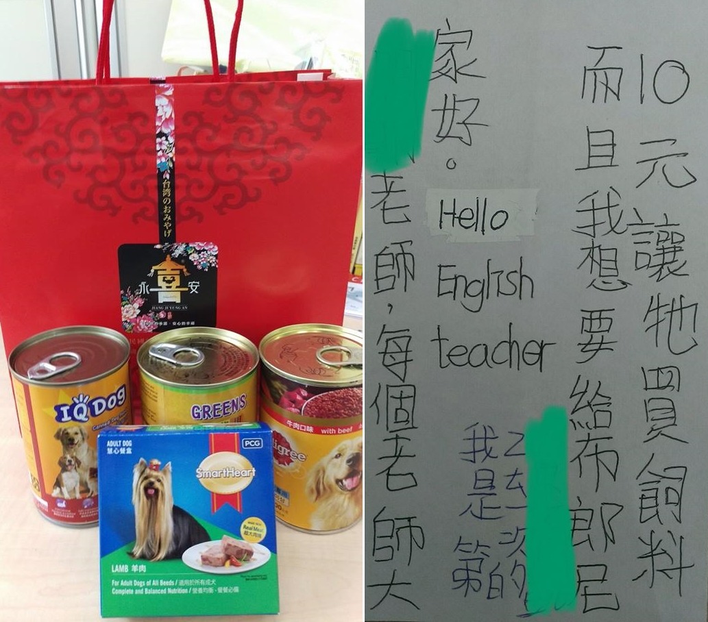 圖為布朗尼收到的「喜罐」和學童寄的信。　Vanessa Lin/提供