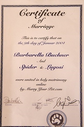 巴巴麗娜上網找到名為「marryyourpet.com」的網站，經創辦人批准、支付費用後，得到了結婚證書。　取自英國《每日郵報》