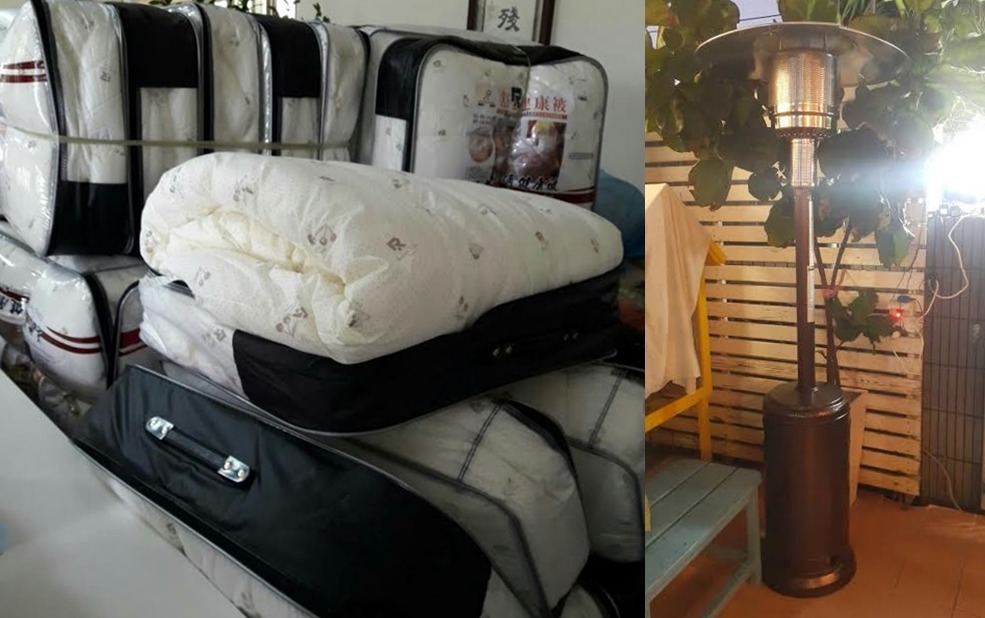圖左為安養中心收到新被後拍下的照片，圖右為翻轉吧，汪仔額外送給護生園的一支戶外暖爐。　翻轉吧，汪仔/提供