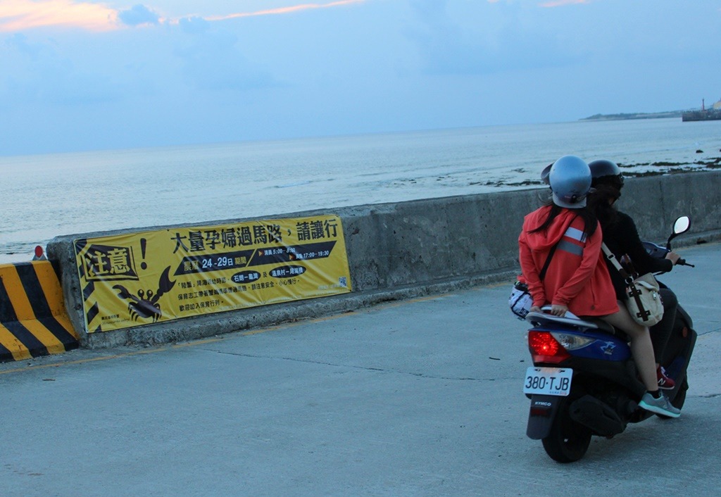 遊客停下來看告示布條。　黃靖雅/攝