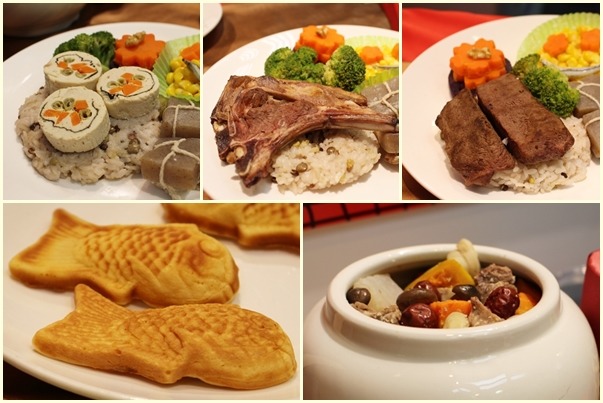 寵物鮮食「Foodie Eva」以肉類搭配米飯、蔬菜，附有「狗跳牆」和鯛魚燒，菜色豐富。　江幸芸/攝