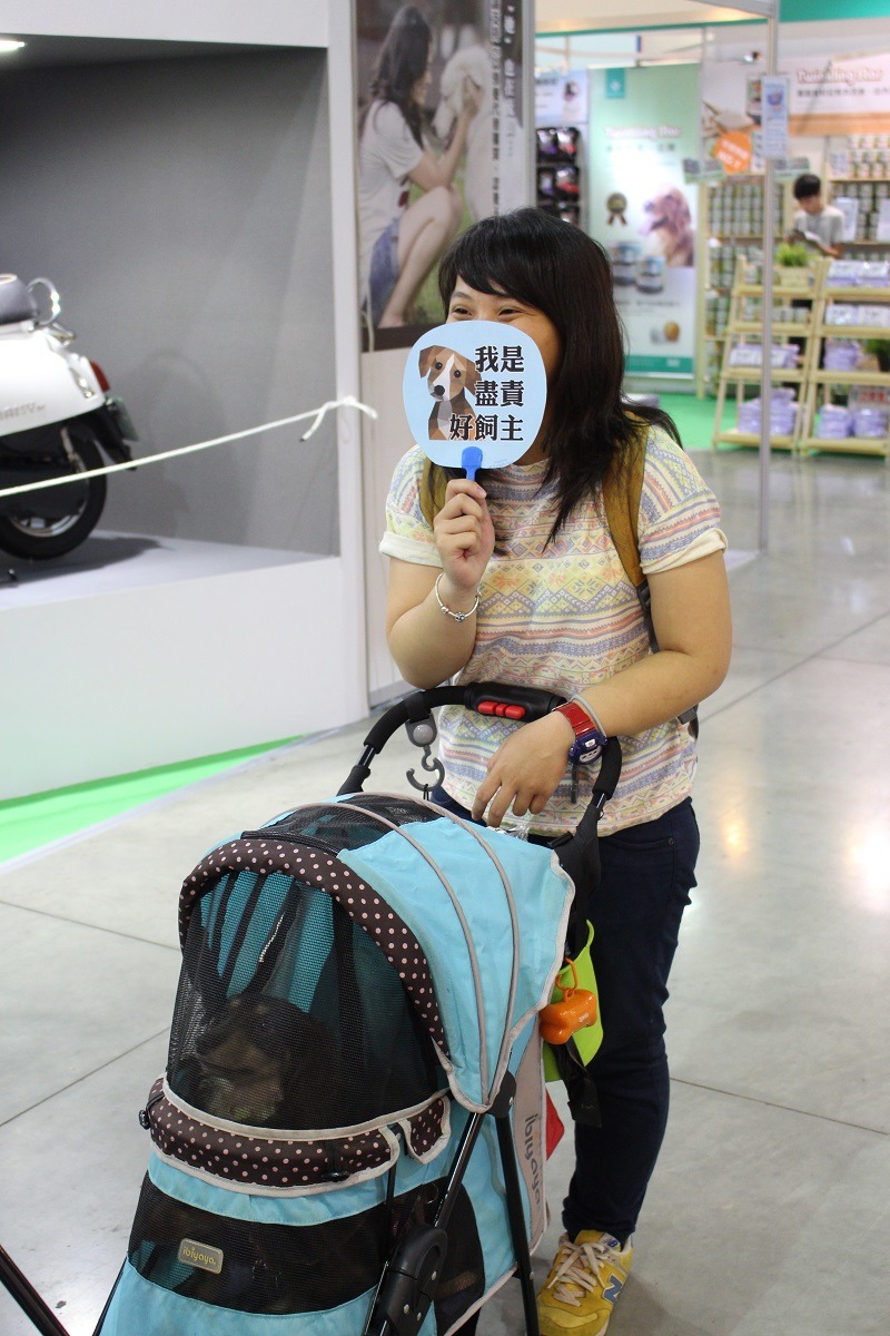 在公共場合,記得要幫狗狗繫牽繩或以推車移動,才是盡責好飼主喔! 何宜/攝
