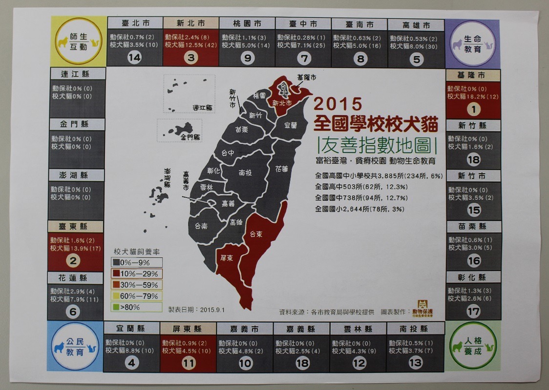 圖為關懷生命協會所製的全國校犬率調查圖。　何宜/攝