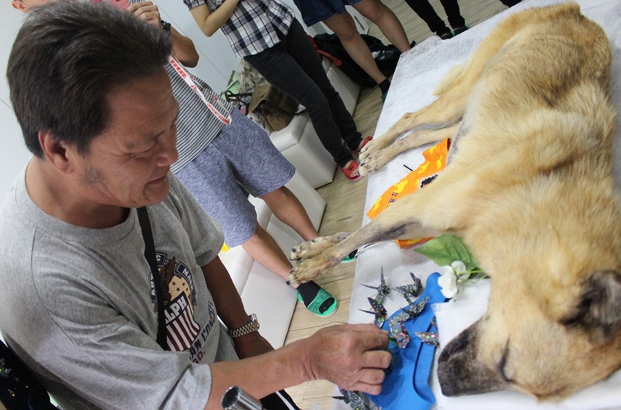 杜錫琨參加優漢的告別式，為優漢放上一隻祝福的紙鶴。黃靖雅/攝