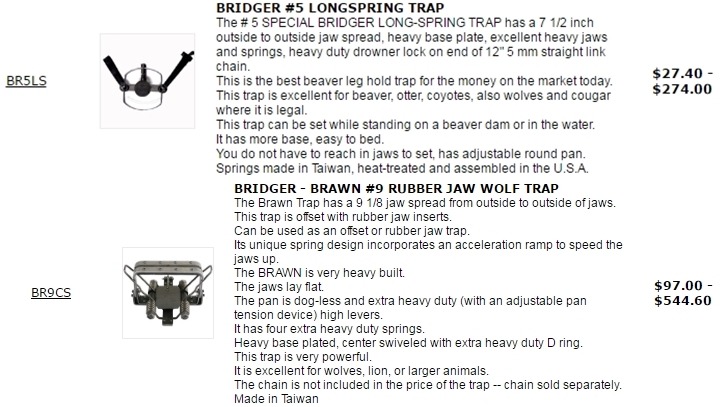 在美國可輕易購買成品或零件由台灣製造捕獸鋏。　截自網路