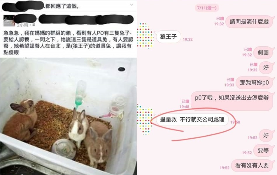 圖左為網友轉發送養訊息,圖右為疑似劇組的對話截圖。 取自網路