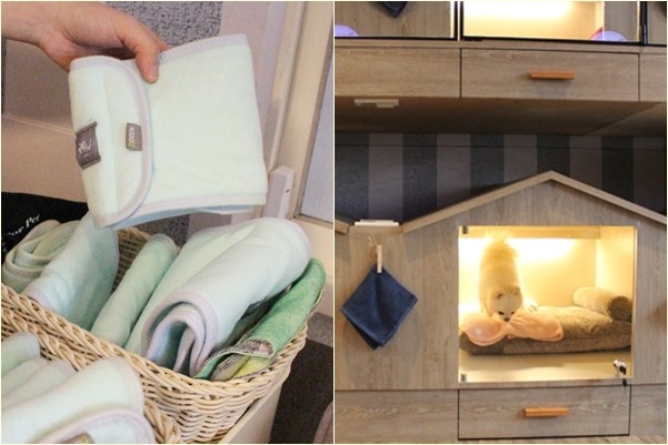 跑飯店提供禮貌帶(左圖)租借、購買服務,每間狗屋內都有鄒寧恩設計的寵物床。 江幸芸/攝