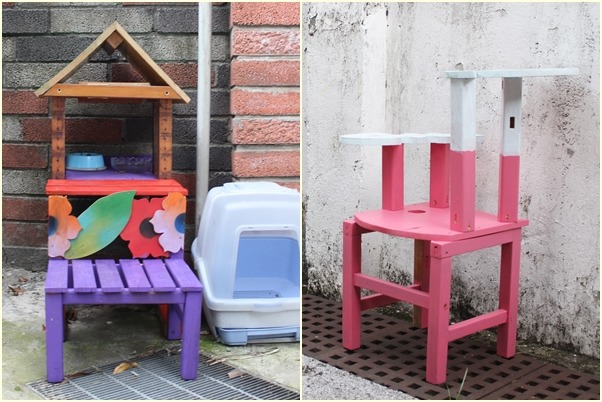 校長宿舍外的庭院，擺放了學生利用廢棄課桌椅做成的貓跳台，讓校園TNR的貓咪玩耍。　江幸芸/攝