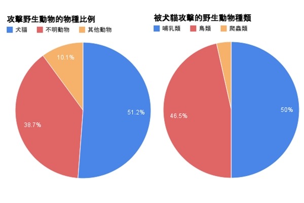 在特生中心野生動物急救站的資料中,「被動物攻擊」的野生動物有51.2%是確定或疑似被犬貓所傷(左圖),而被犬貓攻擊的野生動物,哺乳類和鳥類佔大宗(右圖)。 特生中心野生動物急救站/提供‧製表/江幸芸
