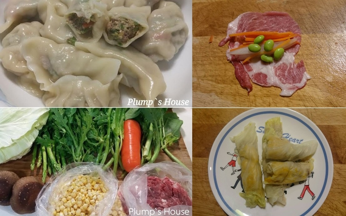 左上為毛孩水餃，右上為豬肉片捲蔬菜，右下為高麗菜南瓜肉捲。　Plump's House 胖胖屋手作寵物餐點、新北市動保處/提供