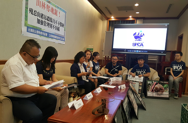 TSPCA聯合立委陳曼麗舉行記者會，指出不受規範的鋼索繩，是新興的山林奪魂鋸，林務局代表則表示，已針對野保法第19條提出修正案，增列金屬吊索。  呂幼綸/攝