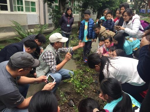 新北市秀朗國小的同學們聚精會神的聽著呂文賓老師講解種樹的方法與步驟。APP/提供