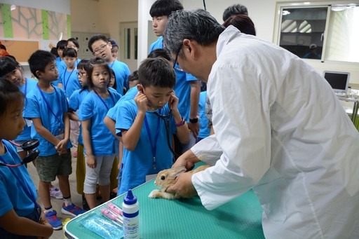 元培老師們向「小小獸醫營」學童介紹及教導如何為竉物聽診。元培醫事科技大學/提供