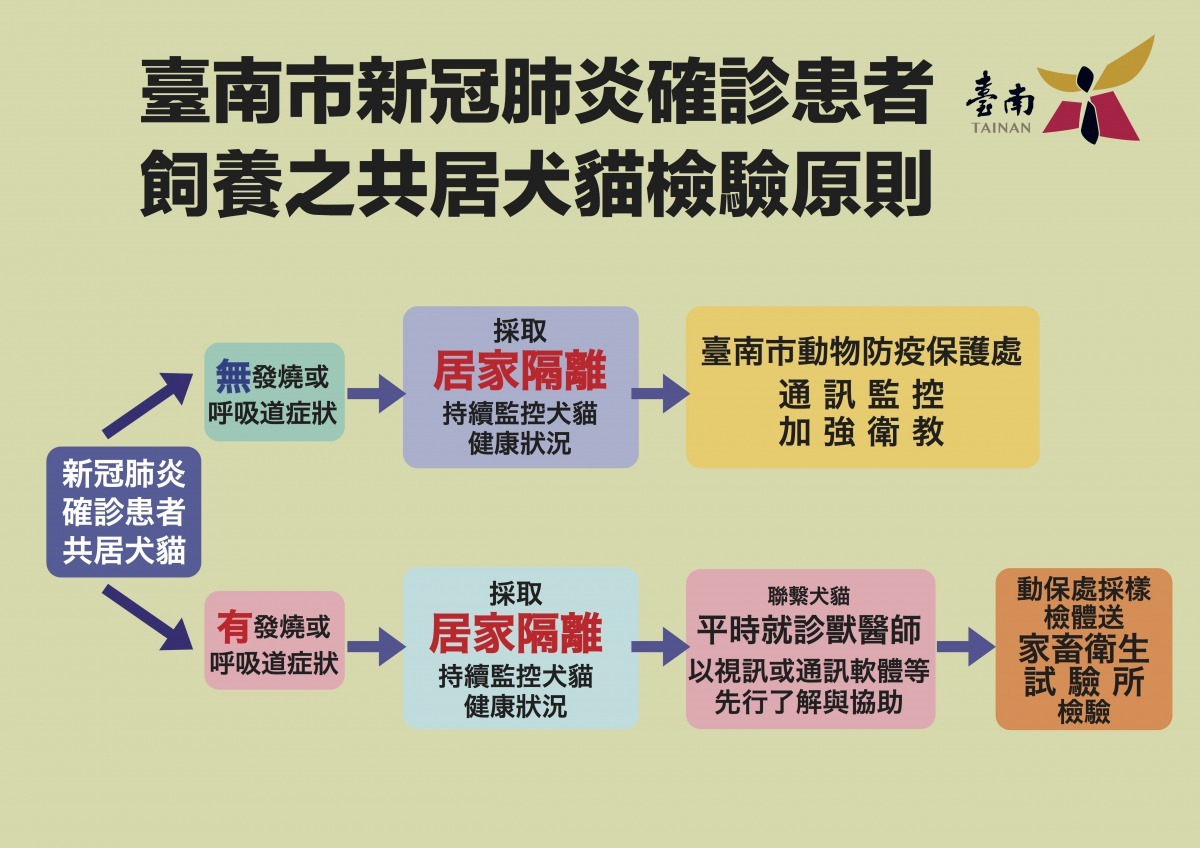 台南新冠肺炎確診患者飼養之共犬貓檢驗原則。圖/台南市動保處提供