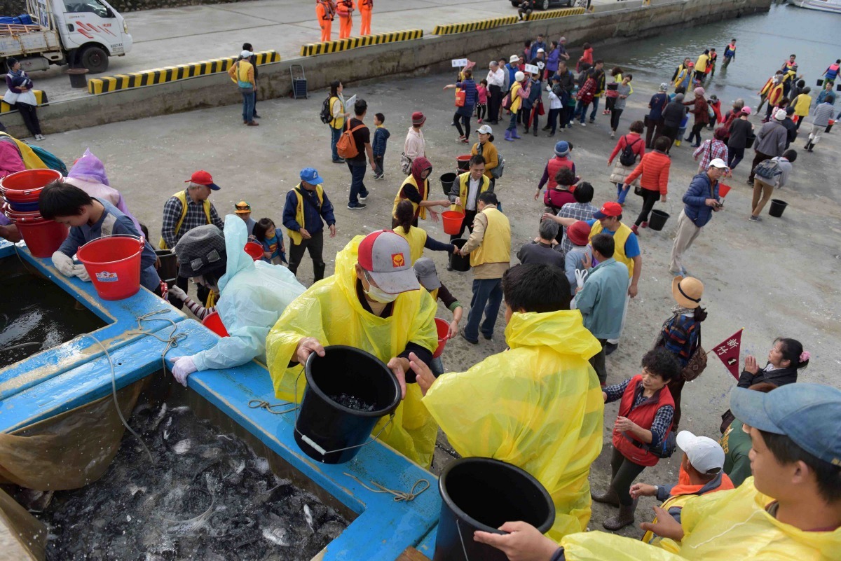 福智佛教基金會魚苗放流活動，民眾以接龍方式將魚苗送入海中。圖／福智佛教基金會提供
