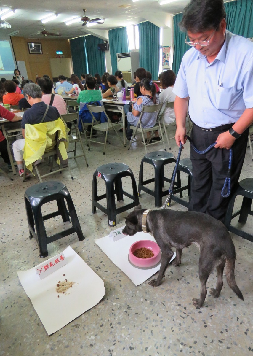 台南市動保處8月16日舉辦「愛心爸媽，乾淨餵養無負擔講習」，現場示範乾淨與不當餵養。高維奇/攝