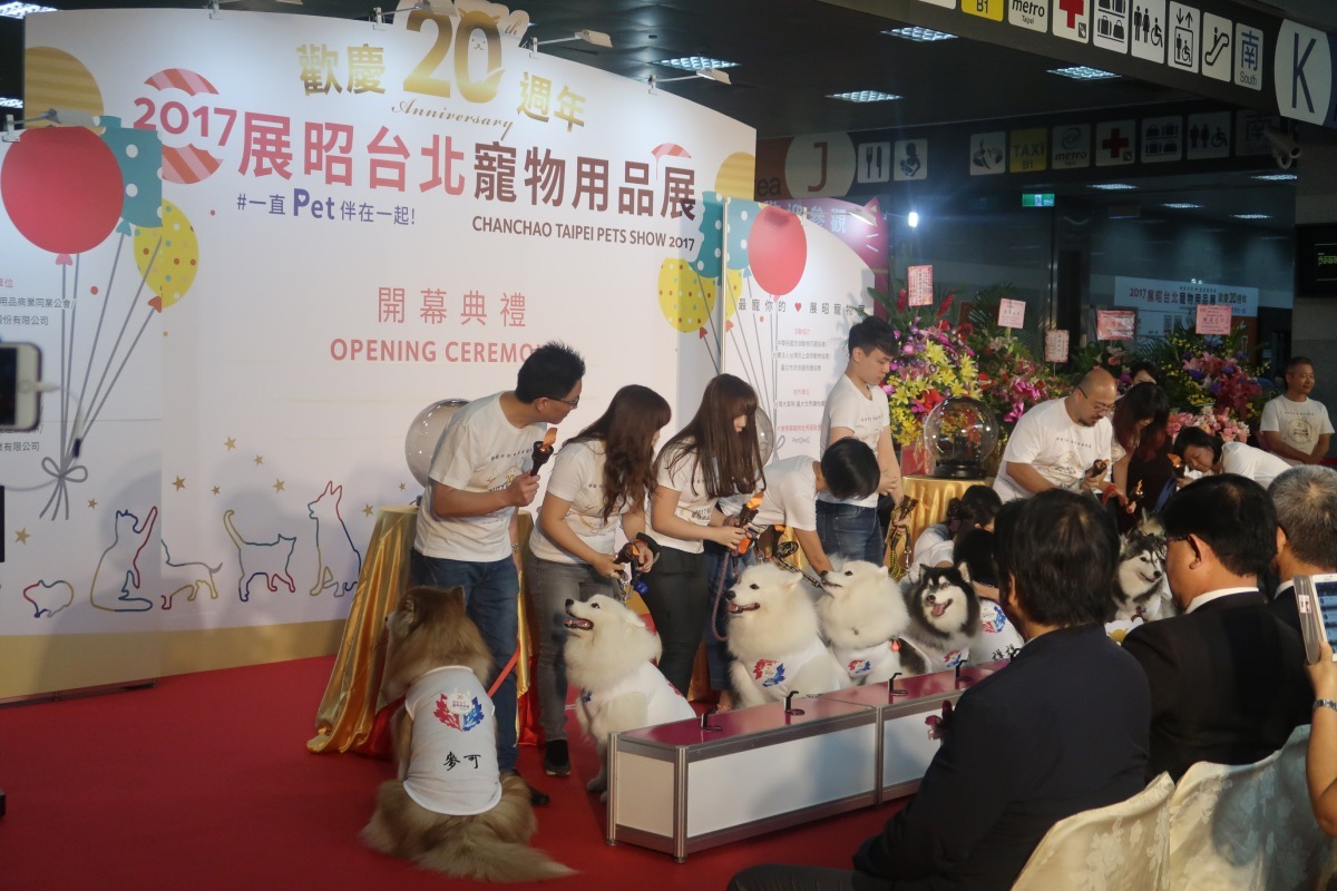 2017台北寵物用品展開幕，20隻哈士奇傳遞聖火。錢愛慈/攝