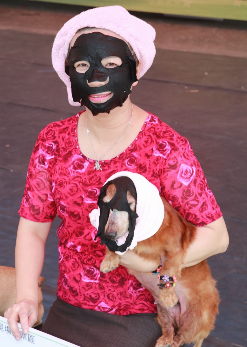 蘇秀卿和臘腸狗「哈逗」同時貼上黑色的竹炭面膜亮相,極具創意。 高維奇/攝