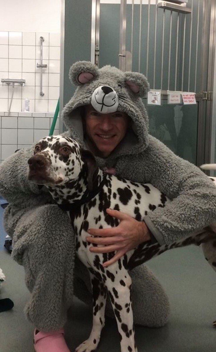 獸醫穿上大灰鼠衣服便可以抱著狗狗。(Facebook圖片:Davies Veterinary Specialists)