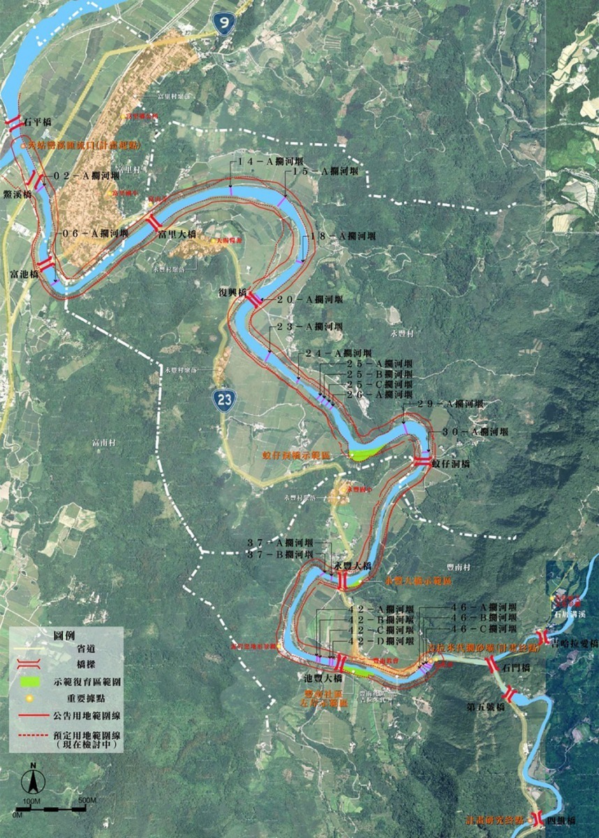 九河局盤點鱉溪攔河堰、固床工等橫向構造物點位，一一解套達成取水與生態的平衡。圖片來源：經濟部水利署九河局