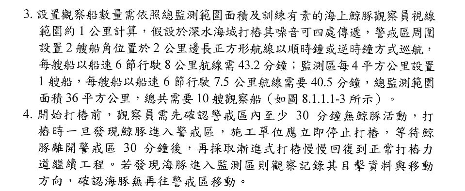 海洋風電環評中對海上鯨豚觀察員工作流程的描述（註：不同風場有不同的環評承諾與做法）。截圖自海洋風電環說書