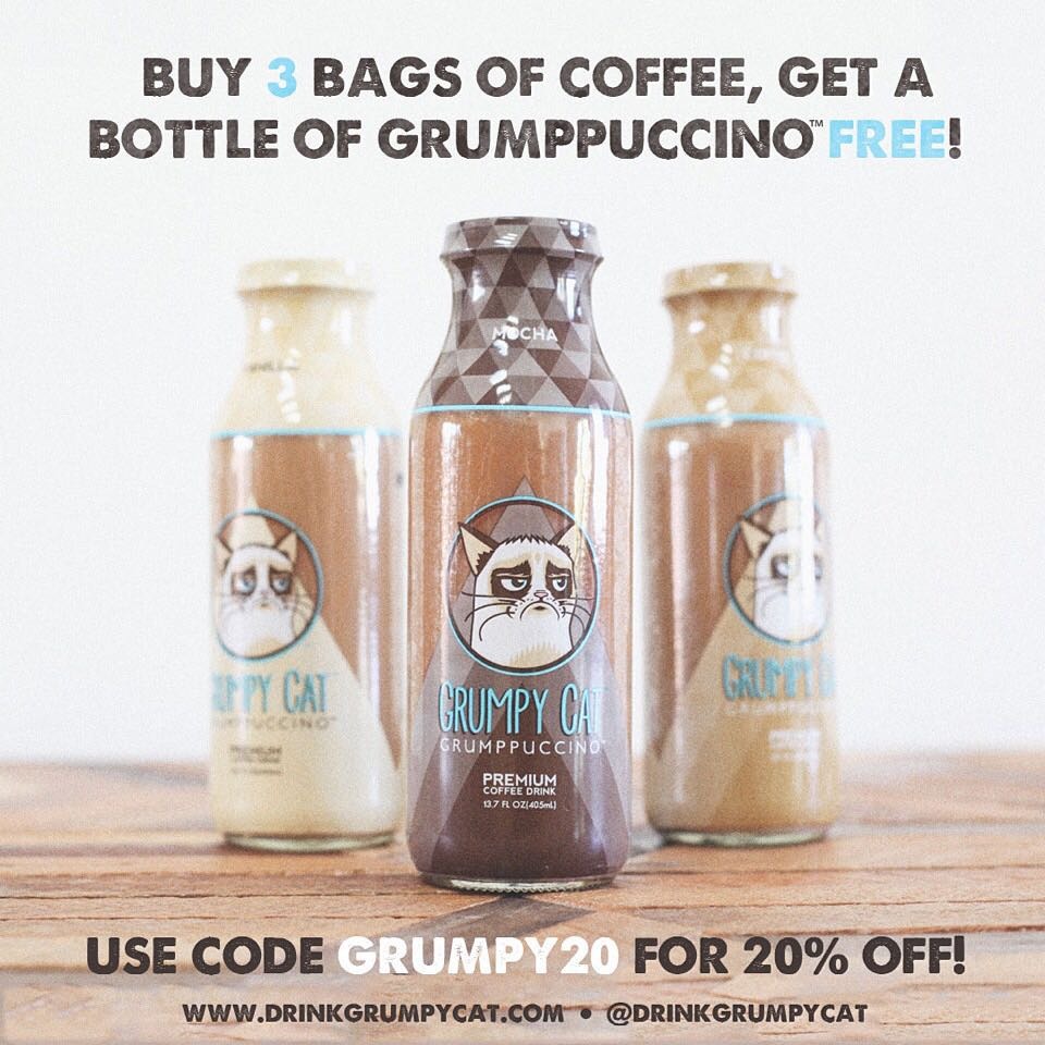根據合約，手榴彈飲料公司推出了「不爽卡布奇諾」，並且把不爽貓的卡通圖案印在了瓶身上。 Photo: drinkgrumpycat