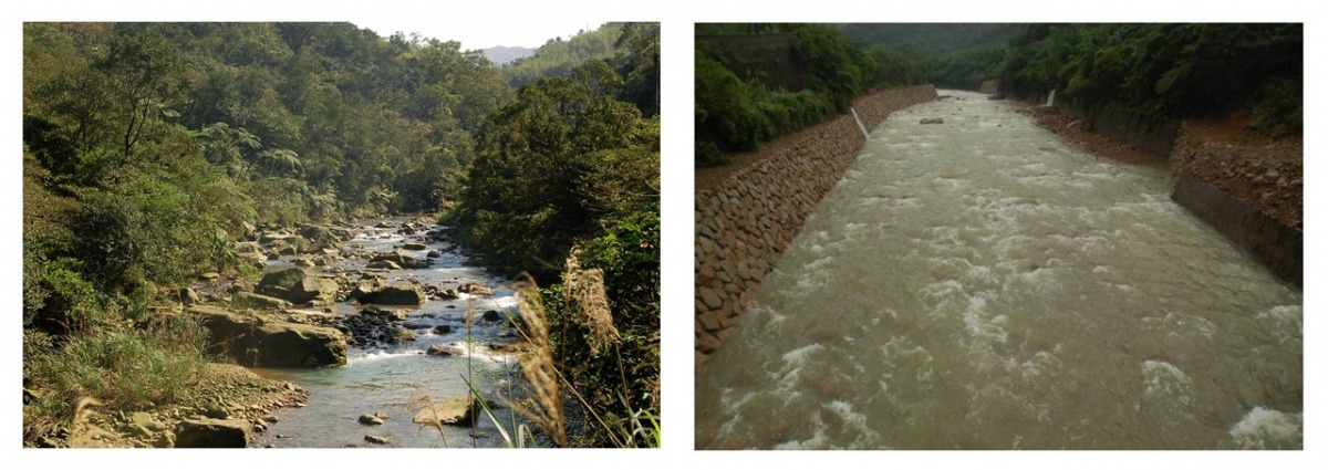 小隊長要來公布答案了，最明顯的不同在左方的是原本的自然溪流，右邊的則是同河段將溪石搬離河床砌成護岸後的樣貌。 合作廠商