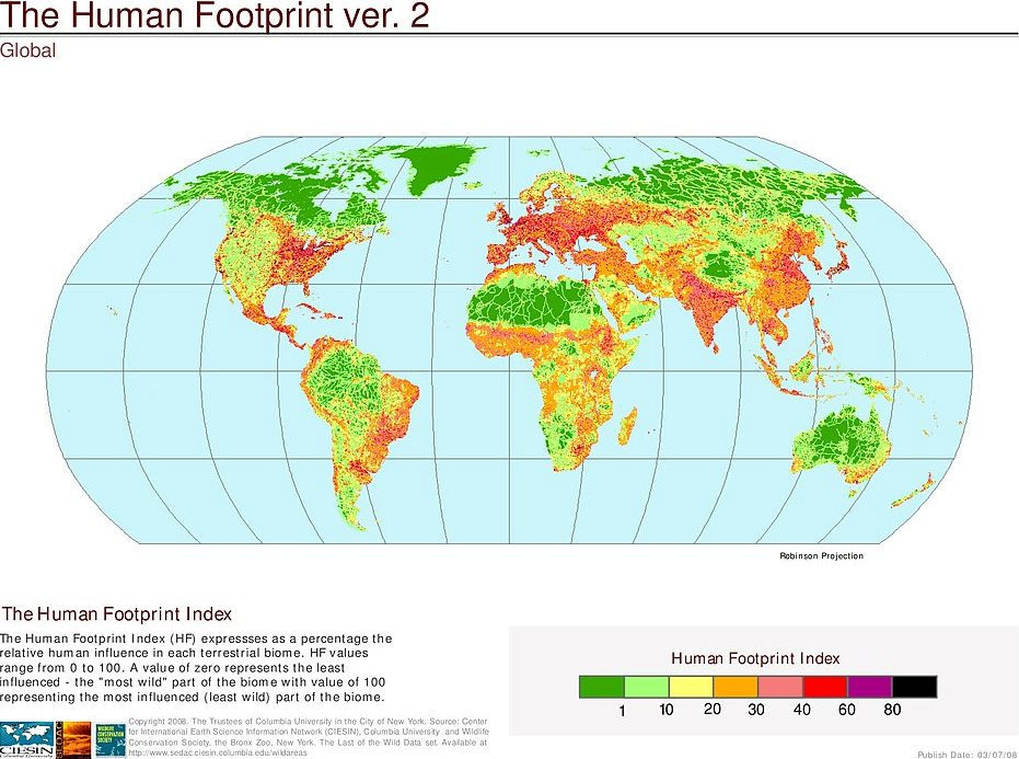 2006年的全球人類足跡指標(Human Footprint Index)地圖。行動網路的普及讓人類對自然的影響範圍更加廣泛。圖片來源:人類足跡指標網站