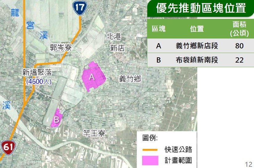 韋能能源80公頃(上)與天泰能源22公頃(下)被選為修先推動鹽田光電的區域。取自能源局簡報。