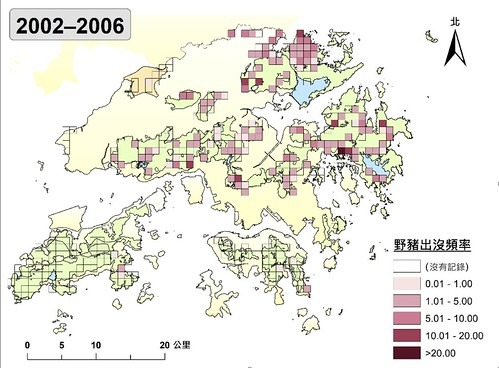 野豬在香港調查地點的出沒頻率及分布， 圖片來源：香港漁農自然護理署