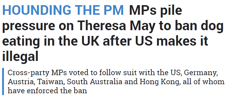 英國太陽報12月 14日也刊出美國立法禁食狗肉的報導,並列出已立法的國家,台灣也在其中。 取自網路
